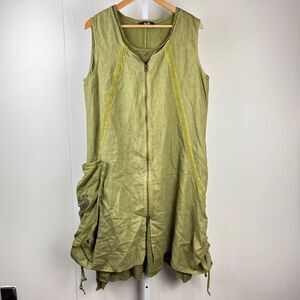 Asli Odyakmaz 100% Linen Dress Size 1 Womens S/M Olive Green Cat Print Lagenlook